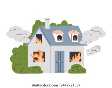 
Fire in two-story house. Burning cottage. Flames from windows residential building. Blazing house. Property fire insurance concept. Vector illustration on white isolated background.