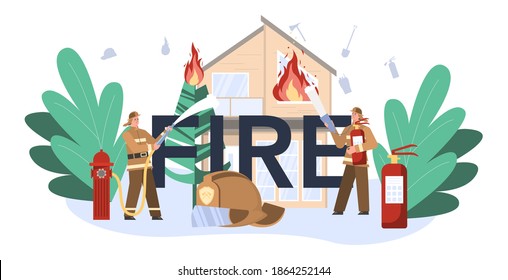 Fire typographic header. Professional fire brigade firhting with flame. Character wearing a helmet and uniform holding a hydrant hose, watering burning building. Isolated flat vector illustration