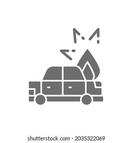 Fire under hood of car, automobile broke down, accident grey icon.