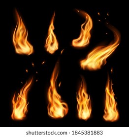 Fire, vector campfire, isolated torch flame. Realistic 3d ignition tongues, burning bonfire blaze effect, glow orange and yellow shining flare with sparks, flying particles, embers and steam. set