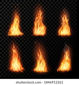 Fire, vector campfire, isolated torch flame. Burning bonfire blaze effect, glow orange and yellow shining flare with sparks, flying particles, embers and steam. Realistic 3d ignition tongues set