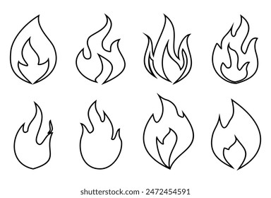 fire vector collection in outline style, burning fire clipart, flame illustration in outline style.