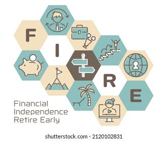 FIRE vector colorful icon card. Financial Independence Retire Early.