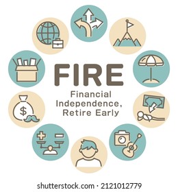 FIRE vector colorful icon card. Financial Independence Retire Early.