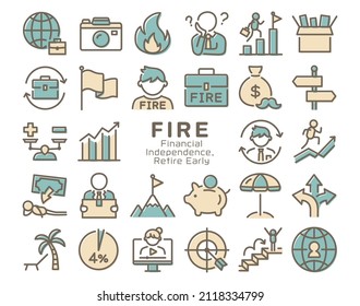 FIRE vector colorful icon set. Financial Independence Retire Early.