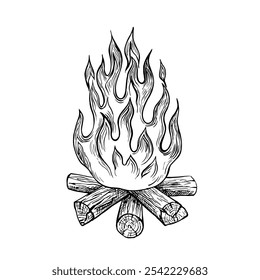 Fire. Vector graphics with the image of a fire on firewood. A black and white hand-drawn illustration. A design element of a camping, fireplace, barbecue For posters, labels, invitations.