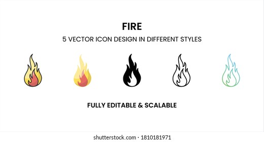 Icono de vector de fuego en contorno de color, plano, glifo, línea y gradiente