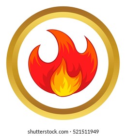 Fire vector icon in golden circle, cartoon style isolated on white background