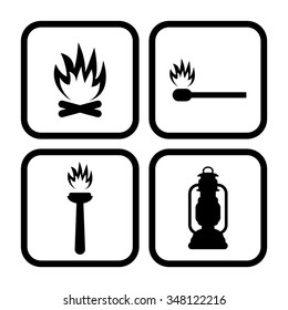 fire - vector icon, set - Bonfire , Flambeau, match, Kerosene lamp