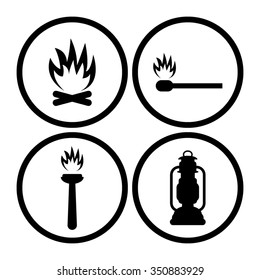 fire - vector icon, set - Bonfire , Flambeau, match, Kerosene lamp