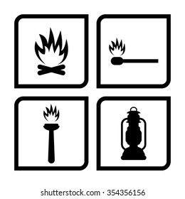 fire - vector icon, set - Bonfire , Flambeau, match, Kerosene lamp