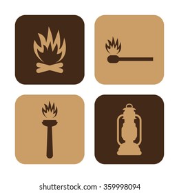 fire - vector icon; set - Bonfire ; Flambeau;  match; Kerosene lamp