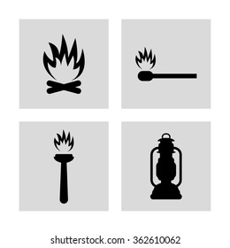 fire - vector icon; set - Bonfire ; Flambeau; match; Kerosene  lamp