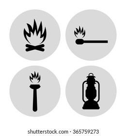 fire - vector icon; set - Bonfire ; Flambeau; match;  Kerosene lamp