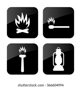 fire - vector icon; set - Bonfire ; Flambeau;  match; Kerosene lamp