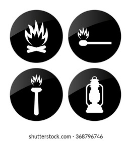 fire - vector icon; set - Bonfire ; Flambeau; match;  Kerosene lamp