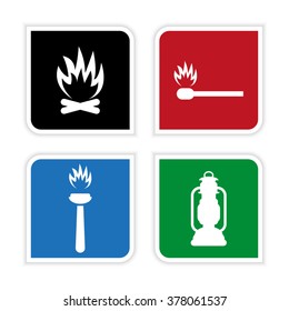 fire - vector icon; set - Bonfire ; Flambeau;  match; Kerosene lamp