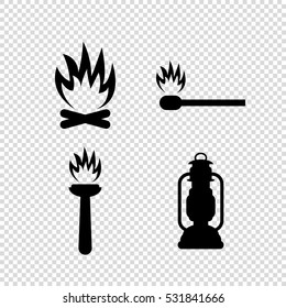 fire - vector icon; set - Bonfire ; Flambeau;  match; Kerosene lamp