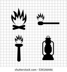 fire - vector icon; set - Bonfire ; Flambeau; match ; Kerosene lamp