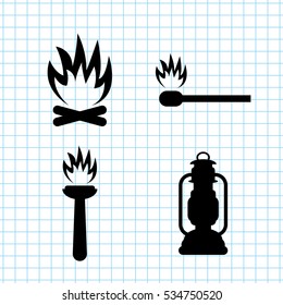 fire - vector icon; set - Bonfire ; Flambeau;  match; Kerosene lamp