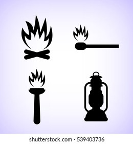 fire - vector icon; set - Bonfire ; Flambeau; match ; Kerosene lamp