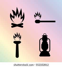 fire - vector icon; set - Bonfire ; Flambeau; match; Kerosene   lamp