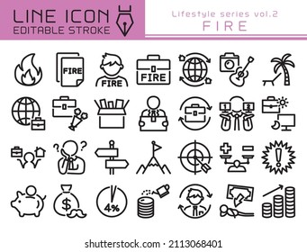 FIRE vector icon set. Editable line stroke. Financial Independence, Retire Early.