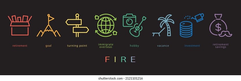 FIRE vector icon set. neon color on black background.