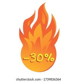 Ilustración vectorial de fuego -30%, oferta especial -30%, 30% aislado en blanco.