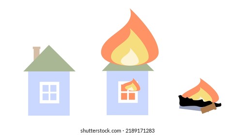 Fire vector illustration. Burnt and destroyed house.