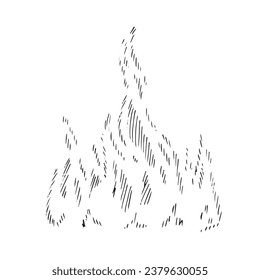 Fire vector illustration. Hand drawn graphic clipart of flame on white isolated background. Linear drawing of hot steam symbol. Outline sketch of bonfire. Black line art of smoke