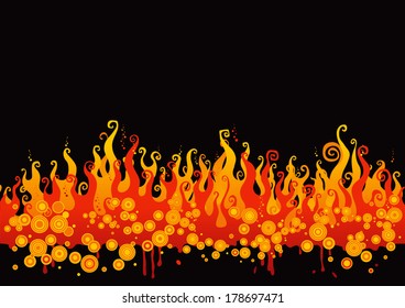 Fire. Vector illustration with yellow-orange flames on black background 