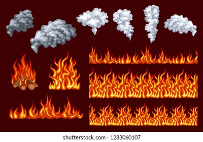 Fire vector set. Flames and smoke isolated on dark background. Bonfire. Different horizontal fire flames. Fire seamless pattern, border.  Simple flat style. 