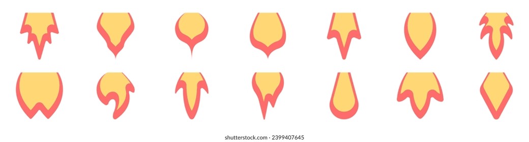 Fire vector set. Vector set of rocket takeoff traces. Inverted tongues of flame. Burning fire trails vector. Ikoka fire symbol. Vector illustration.