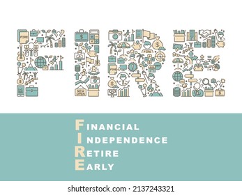 FIRE vector typography. Financial Independence Retire Early line icon pattern.