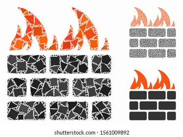 Fire wall composition of bumpy items in variable sizes and color tones, based on fire wall icon. Vector uneven items are combined into composition. Fire wall icons collage with dotted pattern.