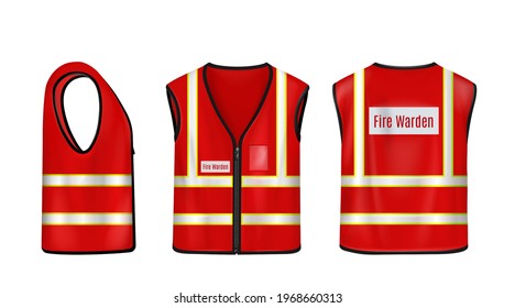 Fire warden safety vest front, side and back view, red sleeveless jacket with reflective stripes for firefighters, waistcoat mockup with fluorescent elements Realistic 3d vector illustration, mock up