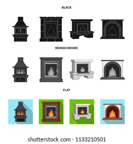 Fire, warmth and comfort. Fireplace set collection icons in black, flat, monochrome style vector symbol stock illustration web.