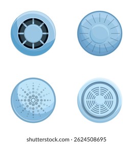Fire warning icons set cartoon vector. Smoke control system. Fire safety concept