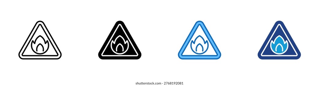 Fire Warning Multiple Style Icon Design Vector - Flame inside warning triangle representing fire hazard alert, danger notification, and safety awareness