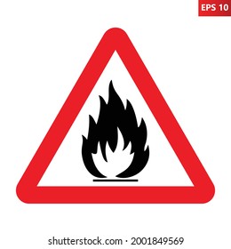 Fire warning sign. Flammable substances symbol. Vector illustration of red triangle warning sign with flame fire inside. Attention. Danger zone. 