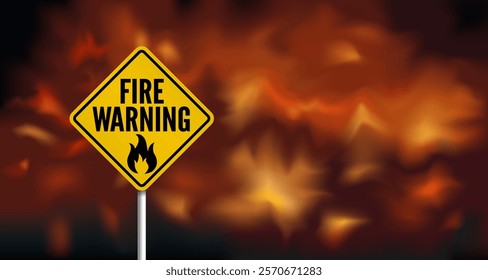 fire warning sign on burning forest wildfire blurred background banner design with copy space vector illustration