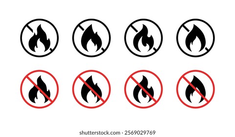 Fire warning sign set icons. Prohibitory sign icons. Flat and silhouette style. Vector icons.