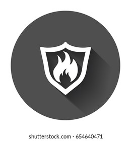 Fire warning sign shield. Fire flame vector illustration with long shadow.