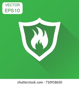 Fire warning sign shield icon. Business concept fire flame pictogram. Vector illustration on green background with long shadow.