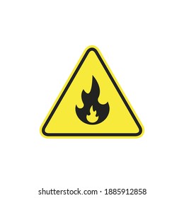 Fire warning sign in yellow triangle. Flammable, inflammable substances icon. Vector isolated sign.