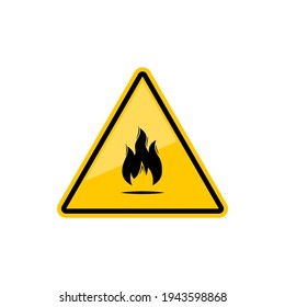 Fire warning sign in yellow triangle isolated icon. Vector flammable or inflammable substance or material icon, black flame pictogram in triangular sticker. Hazard danger flammable precaution sign