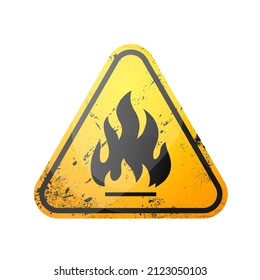 Fire warning sign in yellow triangle, isolated on white background. Flammable, inflammable substances 3d glossy grunge. Hazard icon. Vector illustration.