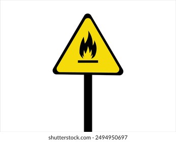 Fire warning sign in yellow triangle, isolated. Flammable, inflammable substances icon.