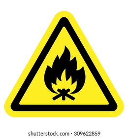 Fire warning sign in yellow triangle. Flammable, inflammable substances icon. Vector